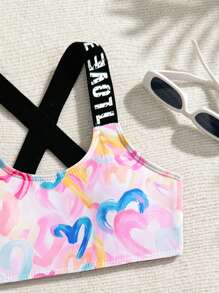 Conjunto de bikini elegante y lindo con estampado de corazón, decorado con cinta y con tirantes ajustables, adecuado para vacaciones, playa, verano para niñas preadolescentes