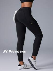 Menodora SHEIN Sport Celana Legging Rajut Musim Panas Warna Polos Kasual Anti-UV Movishi untuk Wanita - Hitam - View 2