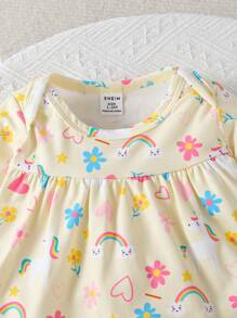 SHEIN 2 件套可爱女婴独角兽、彩虹、心形、花朵印花长袖上衣和长裤休闲家居服套装，黄色 - 黃色 - 查看 4