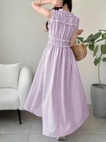 FRIFUL Đầm kẻ caro cổ tròn chữ A trang trí bo gấu cho nữ - Màu tím hoa cà - Xem 2