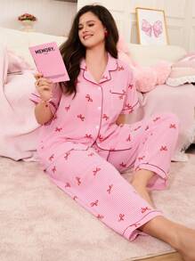 Conjunto de pijama de talla grande con Top de manga corta con volantes y lazo, y pantalones a rayas - Multicolor - Ver 5