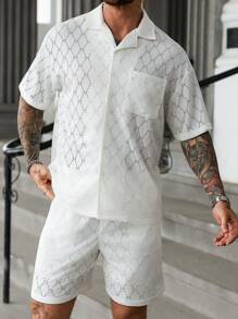 Manfinity Homme Men's Solid Color Short Sleeve Shirt With Hollow Embroidered Pocket Shorts Set Men Two Pieces Set Summer Men 2 Pieces Outfits White Men Shirt And Shorts Set Beach Clothes For Men White Cream Crochet Men's Short Set,A Great Gift For A Boyfriend Or Husband. - White - View 4