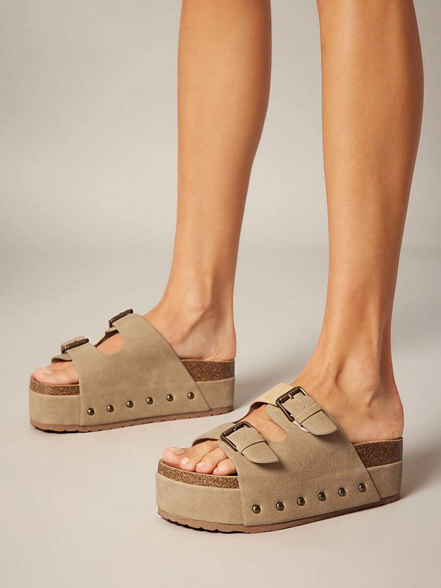 SHUZIA 女式双扣软木鞋床厚底厚底平底凉鞋 - 米色 - 查看 1