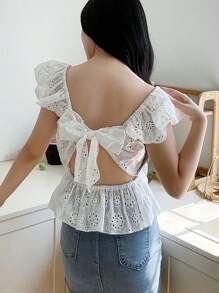 Áo cánh tay lửng thêu hoa đa năng, thoải mái, phù hợp với mọi phong cách cho bé gái tuổi teen, thích hợp cho các buổi đi chơi, kỳ nghỉ, trường học, mùa xuân/hè - trắng - Xem 1