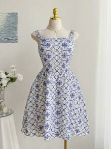 SHEIN EZwear Plus Size Vacation All-Over Print Square Neck Sleeveless Casual Dress - Blue - View 1