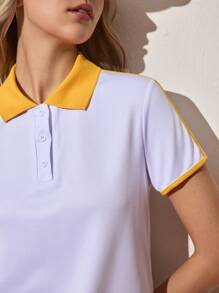 Gameset SHEIN Sport 女式可调节领扣撞色宽松休闲高尔夫运动网球 Polo 衫，春夏 - 白色 - 查看 8