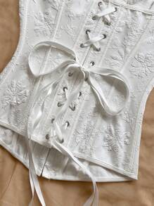 Soleia 女士复古宫廷风格彩色花卉提花抹胸，纽扣和后系带设计，适合度假穿着 - 白色 - 查看 6