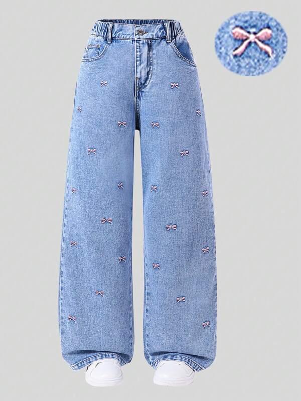 Jeans de pierna ancha para niñas y adolescentes, nuevo diseño de pantalones rectos con bordado de moño