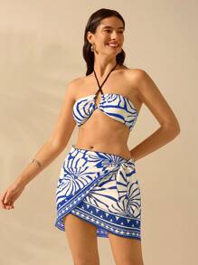 CAJUNI Women's Boho Shell Print Holiday Casual Summer Beach Swimming Wrap Short Swimsuit Skirt Smock - Blue - View 7