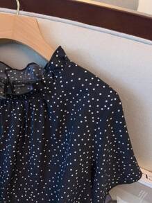 GlowEve CURVE Plus Size Women's Casual Best-Selling Black & White Polka Dot Short Sleeve Frill Collar Outdoor Blouse With Pleated Hem, Elegant Versatile Slim-Fit Romantic Holiday Shirt, Spring/Summer - Black - View 4