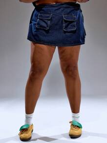 MUSERA Plus Size Low Rise Pocket Front Tie Side Denim Mini Skirt Only Summer Streetstyle Vacation Holiday 90's Y2k Cute Casual City Muse Streetwear