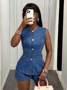 Slaydiva 女士单排扣无袖牛仔上衣和牛仔短裤两件套女士夏季套装女士办公室服装女士教师服装两件套夏季服装女士夏季套装 - 中等水洗藍 - 查看 7