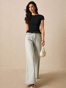 Poéselle Women's Casual Solid Color Slim Fit Short Sleeve Top, Summer - Black - View 4