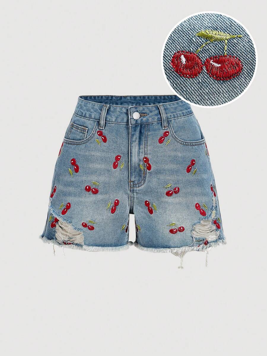 SHEIN MOD MOD 女式樱桃刺绣做旧口袋休闲牛仔短裤 - 淺色水洗藍 - 查看 1