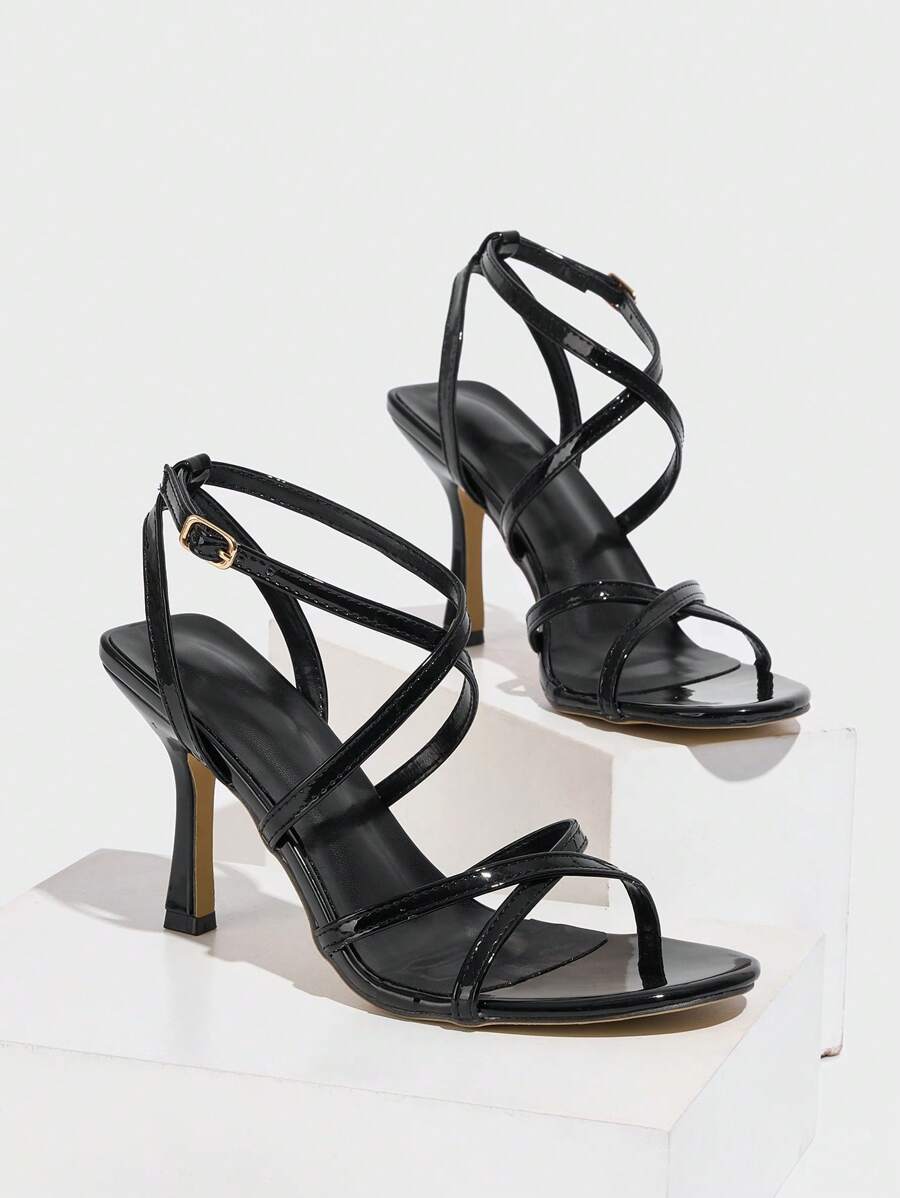 CUCCOO SZL Women's Pointed Toe Sexy Patent Leather Criss-Cross Buckle Strap Roman Style Party Stiletto High Heel Sandals For Christmas - Black - View 1