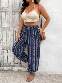 SHEIN VCAY 大码几何印花抽绳腰休闲哈伦裤 - 藍色 - 查看 5