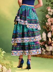 TIYA Frida Kahlo X SHEIN X Designer 夏季热带印花高腰荷叶边多层度假裙 - 彩色 - 查看 2