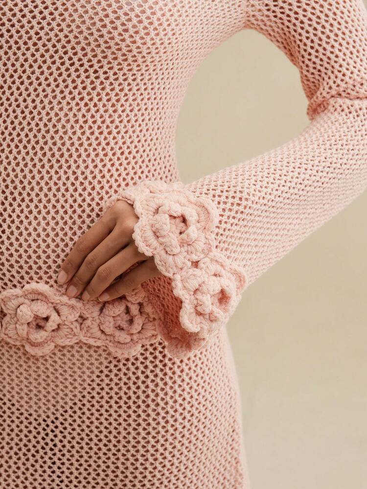 Women's Elegant Vacation Fitted Hand-Crocheted Rose Pink Hollow-Out Knit Cover-Up Dress For Summer