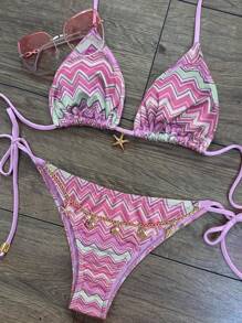 Swim Vcay Set bikini elegant și dulce pentru femei, în culori gradient, roz ondulat, pentru vacanță, vară