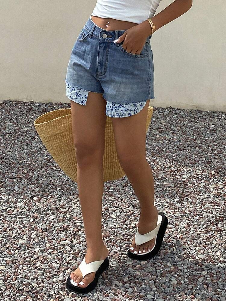 Women's Summer Frayed Floral Decor Pocket Embellished Casual Denim Shorts Jorts