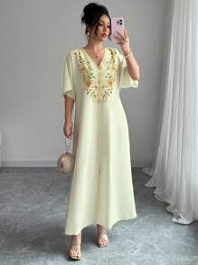 Elenzga Women's Summer Floral Print V-Neck Flutter Sleeve Split Hem Loose Dress, Vacation Style