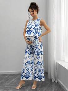 Momance 休闲花卉印花上衣和宽松阔腿裤孕妇套装 - 藍白色 - 查看 3