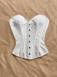 Soleia 女士复古宫廷风格彩色花卉提花抹胸，纽扣和后系带设计，适合度假穿着 - 白色 - 查看 4