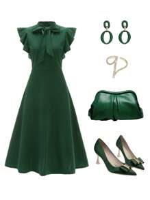 Ellevyn 繫帶領飛袖纯色連衣裙