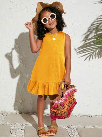 Young Girl Vacation Casual Fashion Solid Color Sleeveless Woven Dress