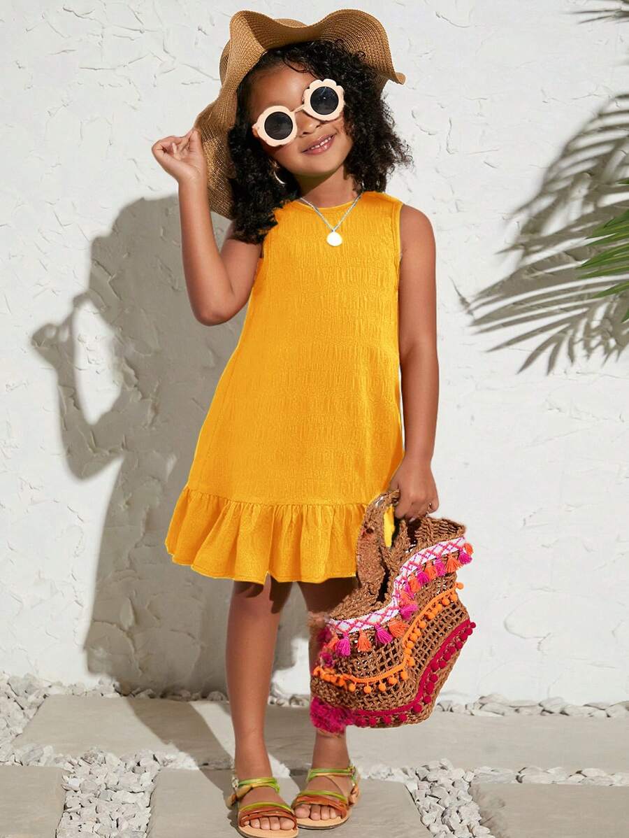 Young Girl Vacation Casual Fashion Solid Color Sleeveless Woven Dress - Yellow - View 1