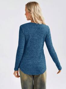SHEIN LUNE Camiseta De Mujer A Rayas De Piqué De Color Liso Con Escote Con Botones