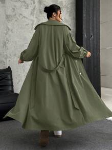 SHEIN EZwear 大码橄榄绿色双排扣系带长袖长款风衣，秋冬 - 橄欖綠 - 查看 2