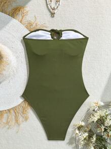 Swim Vcay 1pc Brown Ribbed Starfish & Shell Trim Strapless Elegant Swimsuit For Women, One-Piece For Summer Beach Vacation - Army Green - View 3