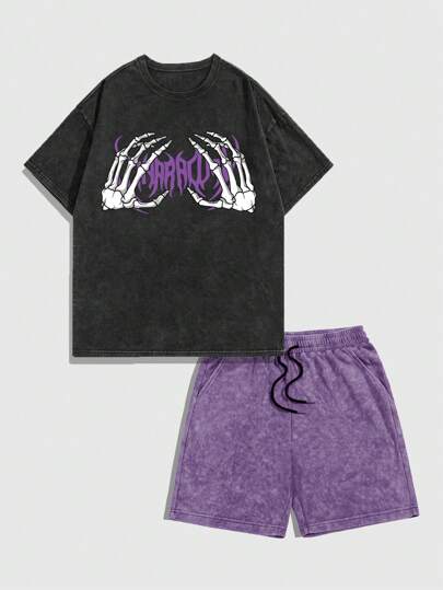 Goth Set de 2 piezas compuesto por camiseta casual de manga corta con cuello redondo y estampado de calavera de mano, talla grande shorts con cordón en la cintura para hombre