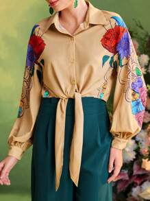 Redefinition Frida Kahlo X SHEIN X Designer Floral Print Tie Buttons Dropped Shoulder Shirts For Women Summer Vacation - Multicolor - View 6