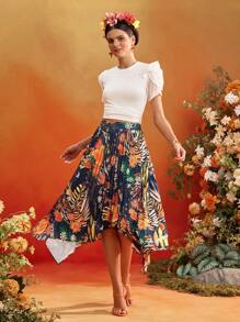 Frida Kahlo X SHEIN X Designer Oxana Floral Print Pleated Asymmetrical Hem High Waist Women Midi Skirt Summer Holiday