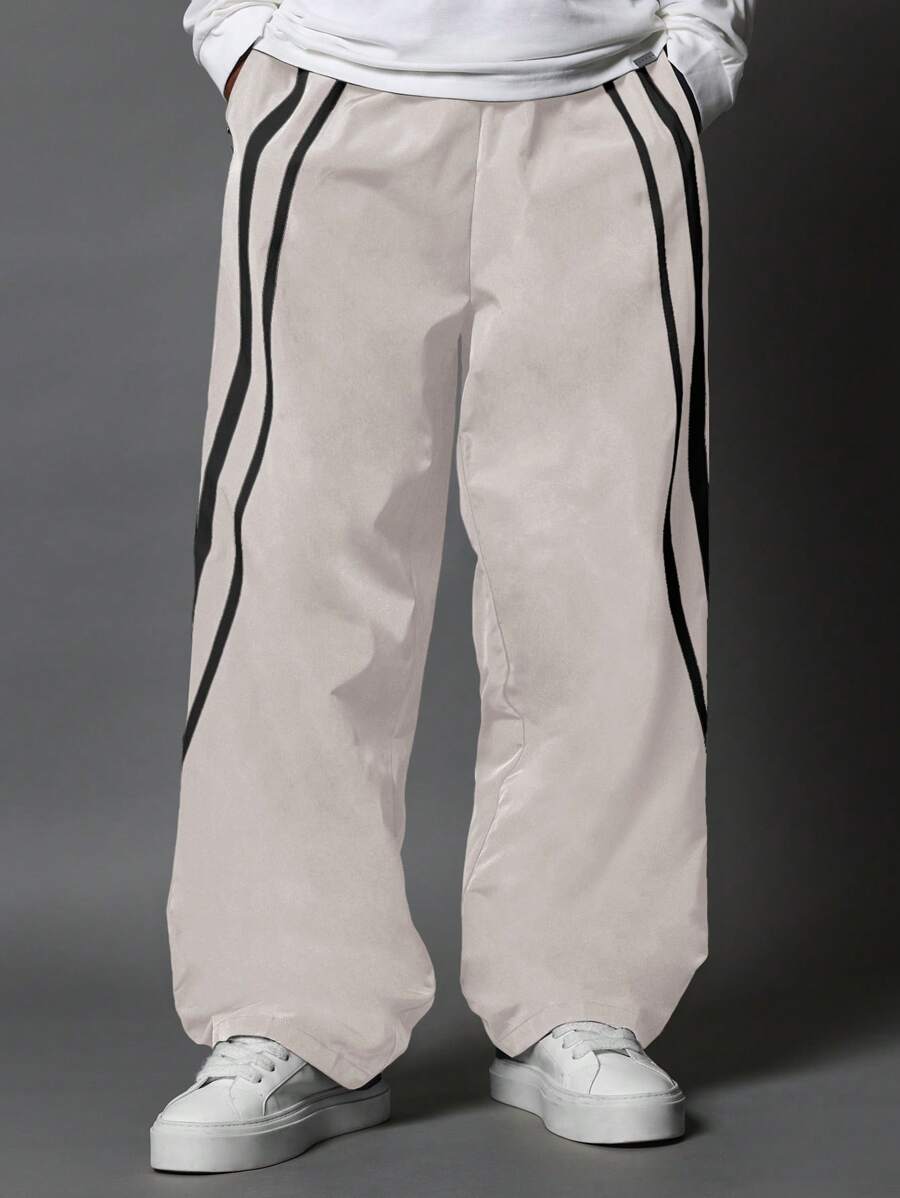 SUMWON Quần ống rộng dáng rộng có sọc đua phong cách đường phố rộng thùng thình thoải mái thường ngày thu đông thời trang cao cấp giải trí thể thao phong cách - Màu be - Xem 1