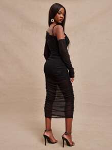 NYA SZN Robe à manches longues asymétrique avec épaules dénudées, en maille, pour occasions spéciales et événements. Robe midi sexy pour événements et rendez-vous pour femmes - Noir - Voir 2