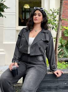 SHEIN EZwear 大码女式灰色条纹休闲风衣，教师秋冬季 - 灰色 - 查看 6