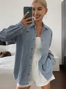 Livesso Women's Summer Solid Color Butterfly Embroidery Denim Blouse,Jeans Jacket,Fall Women Clothes Long Sleeve Women - Blue - View 1