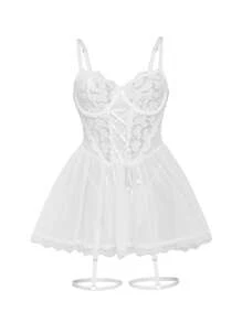 SHEIN 3 件套前蕾丝花边拼接钢圈吊袜带内衣连衣裙 - 白色 - 查看 4