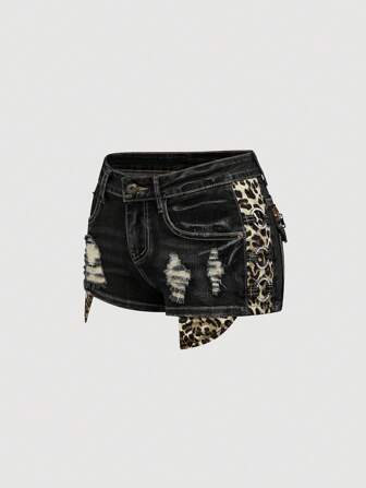 J-Fashion Pantalones cortos de mezclilla de talle bajo, con estampado de leopardo, de corte ajustado y tiro súper bajo, en estilo vintage Harajuku Gyaru Y2K para mujeres