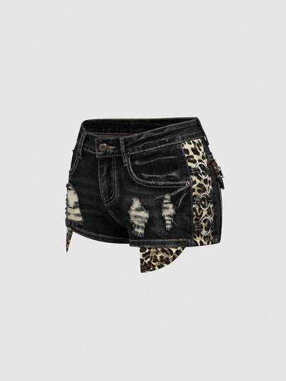 J-Fashion Y2K Harajuku Gyaru Milenial Style Leopard Print Super Low Waist Vintage Skinny Super Low Rise Denim Shorts For Women