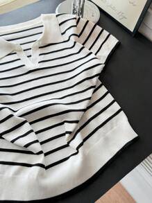 DAZY Women Collared Striped Pullover Short Sleeve Sweater - White - View 5