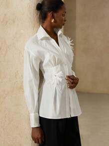 Aveloria Elegant sophisticated französischer Stil Damen Büro Pendler hochwertiges luxuriöses Design strukturierter floraler Dekor Kragen tailliert schlanke Passform Langarmbluse - Weiss - Übersicht 3