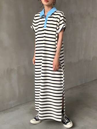 FRIFUL Women Striped Loose Straight Casual Midi Dress With Contrast Collar, Summer Short Sleeve Woman S Summer Clothes Women Summer Clothing Women S Clothes Work Summer Dresses Women Plus Sun Dress,Back To School Clothes
