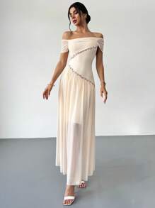 Firerie Élégante robe longue de mode nouvelle, coupe formelle romantique. Col asymétrique avec broderie, drapé en maille et silhouette près du corps abricot. Convient pour le bal, la fête, les vacances, les invités de mariage - Nude - Voir 6