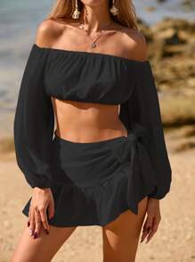 Swim Vcay 2件套女士夏季海滩纯色荷叶边罩衫套装 - 黑色 - 查看 6