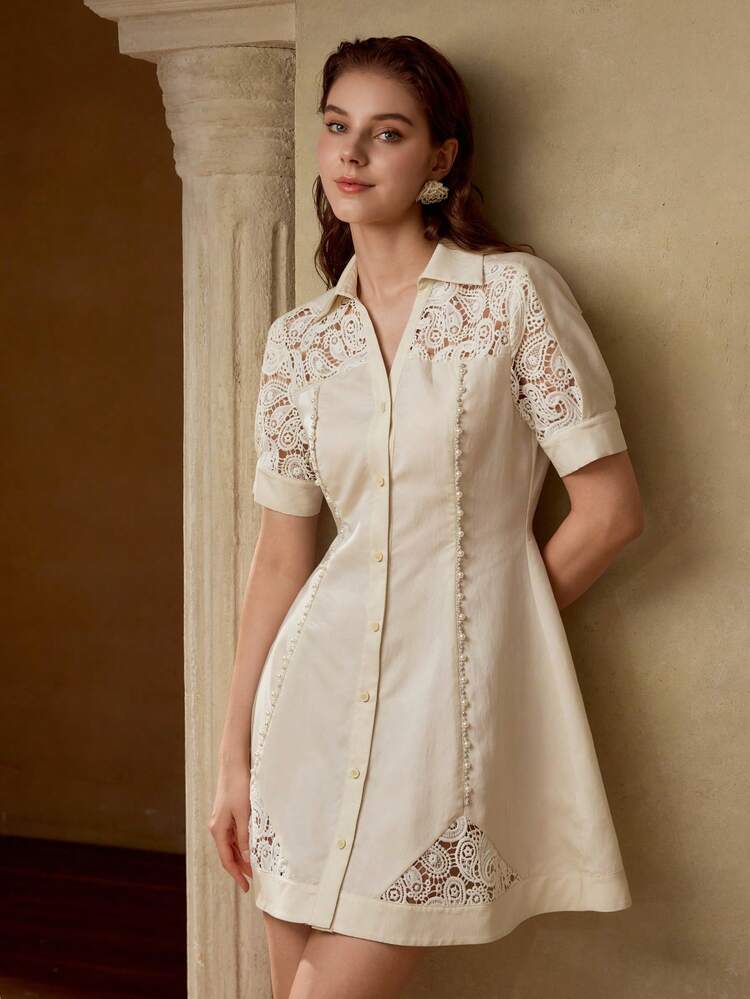 FASHIONABLE STUDDED COLLAR RUCHED WAIST SHORT SLEEVE SHIRT DRESS, CROP LENGTH