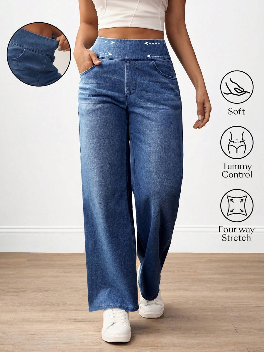 Flexra Women Casual Comfortable High Waist Elastic Waist Side Pockets Loose Wide Leg Jeans
